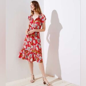 LOFT Summer Blossom Tie Neck Midi Dress